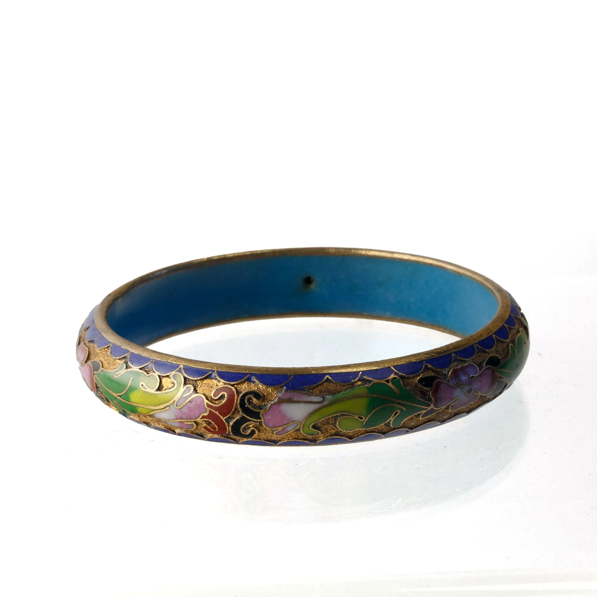 Champlevé Enamel Bangle Bracelet, Floral with blue background. Chinese. j-bror892