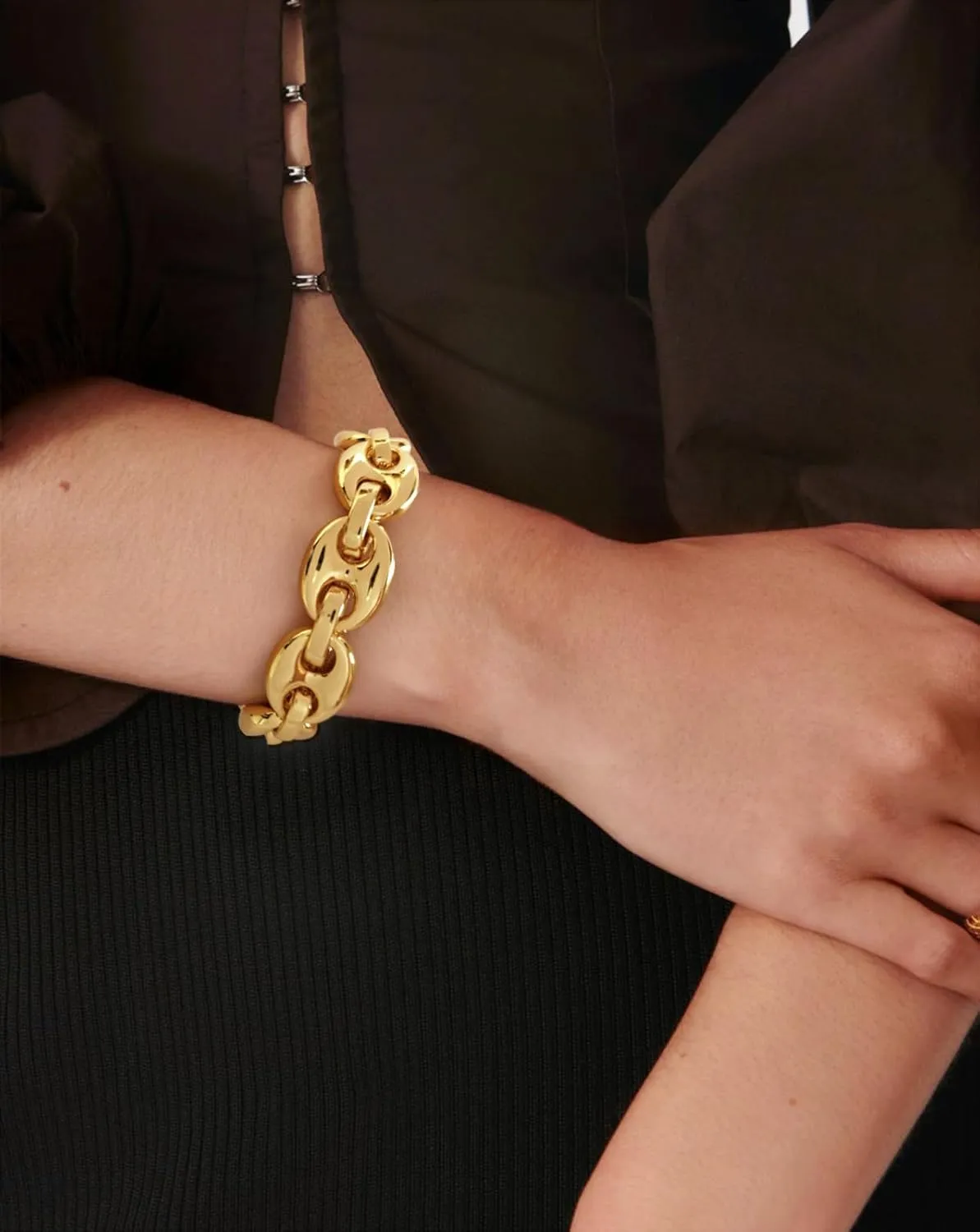 Chunky Stretch Bangles Bracelets for Women Trendy Wide Elastic Gold Bracelet Flexible Link Chain Bracelets