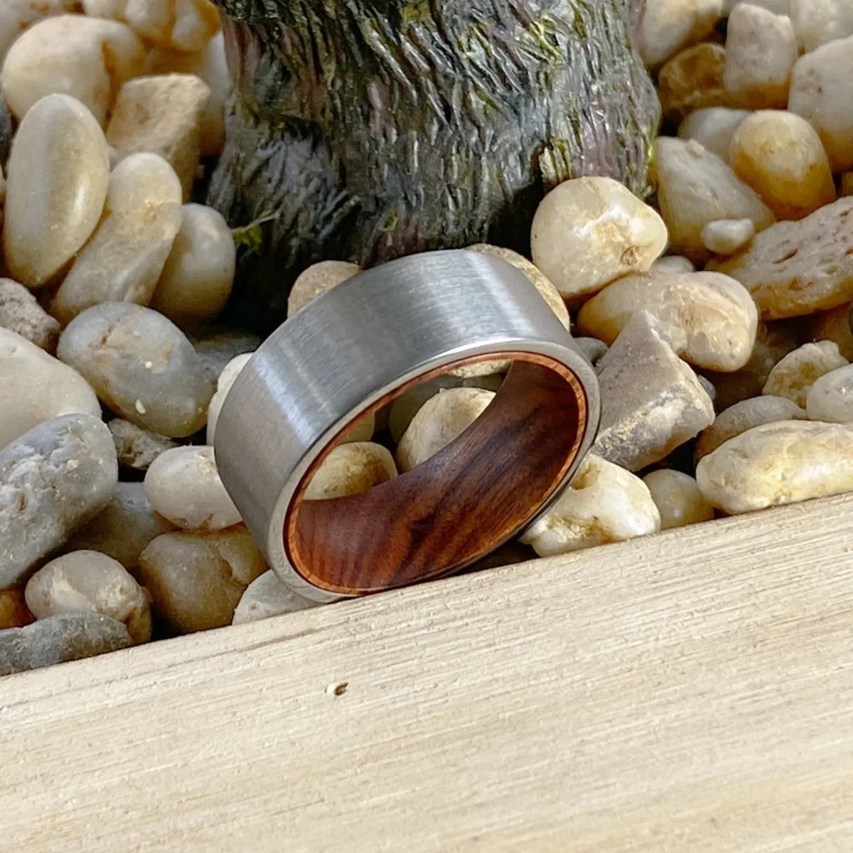 COVE | Iron Wood, Silver Tungsten Ring, Brushed, Flat