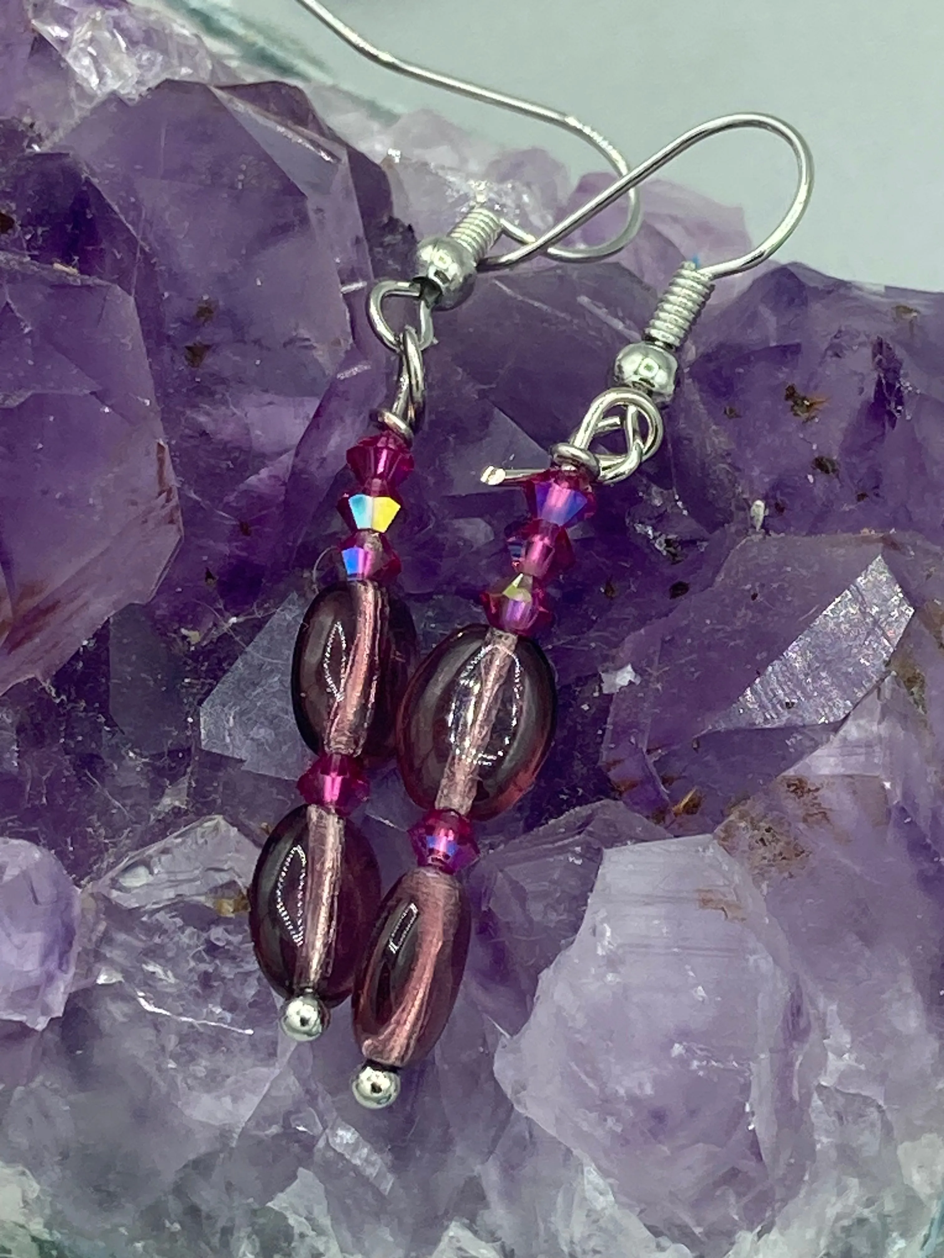 Dainty Light Purple And Tiny Fuchsia Beaded Earrings, Shabby Chic, Boho Chic
