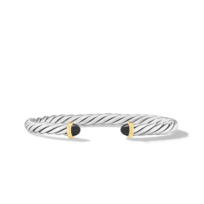 David Yurman Cable Cuff Sterling Silver with 14K Yellow Gold and Black Onyx 6mm Bracelet - Medium