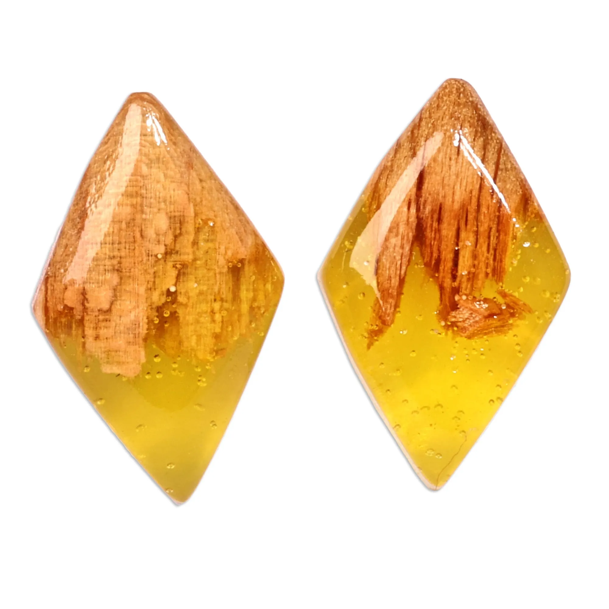Diamond-Shaped Apricot Wood and Yellow Resin Button Earrings - Jewels From the Sun | NOVICA
