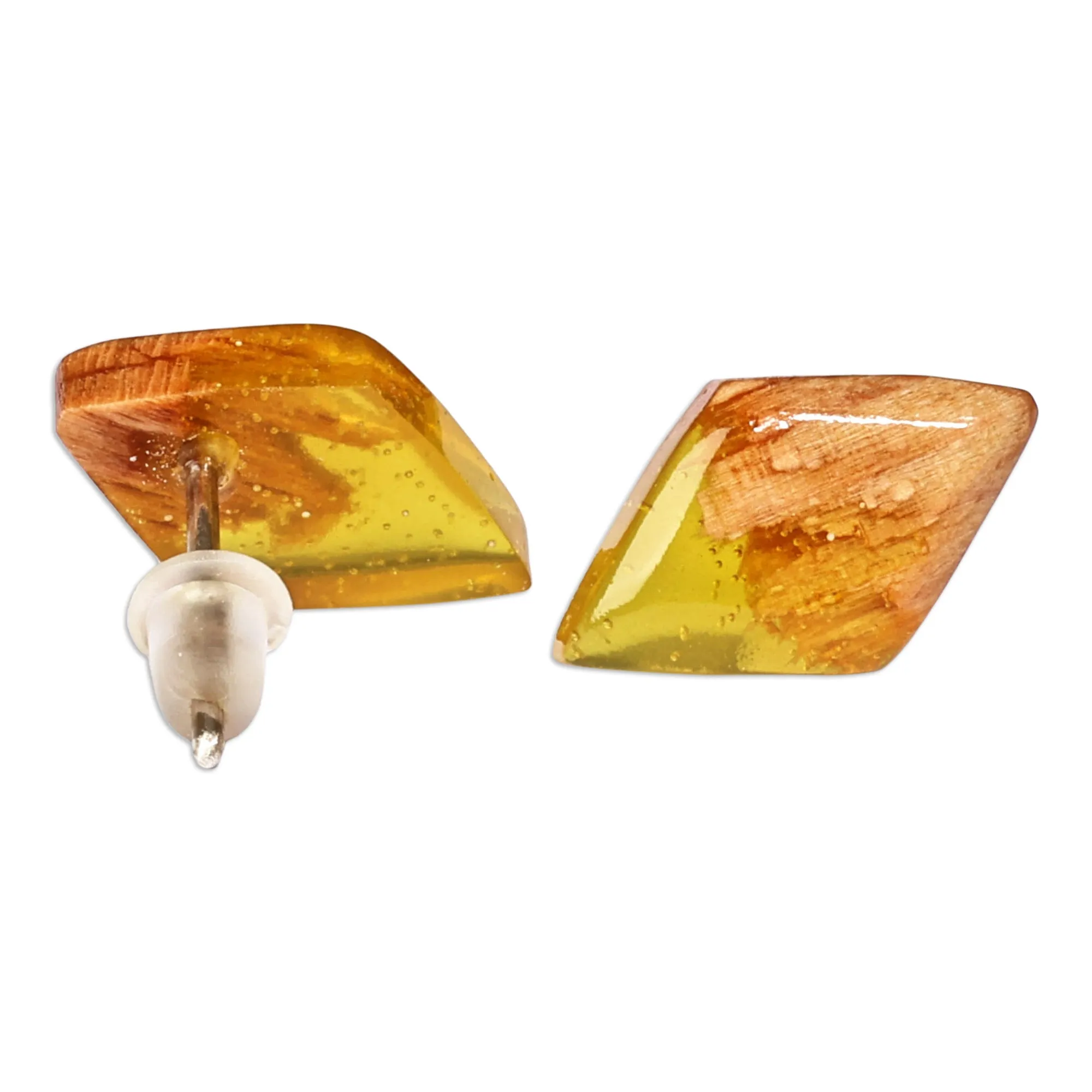 Diamond-Shaped Apricot Wood and Yellow Resin Button Earrings - Jewels From the Sun | NOVICA