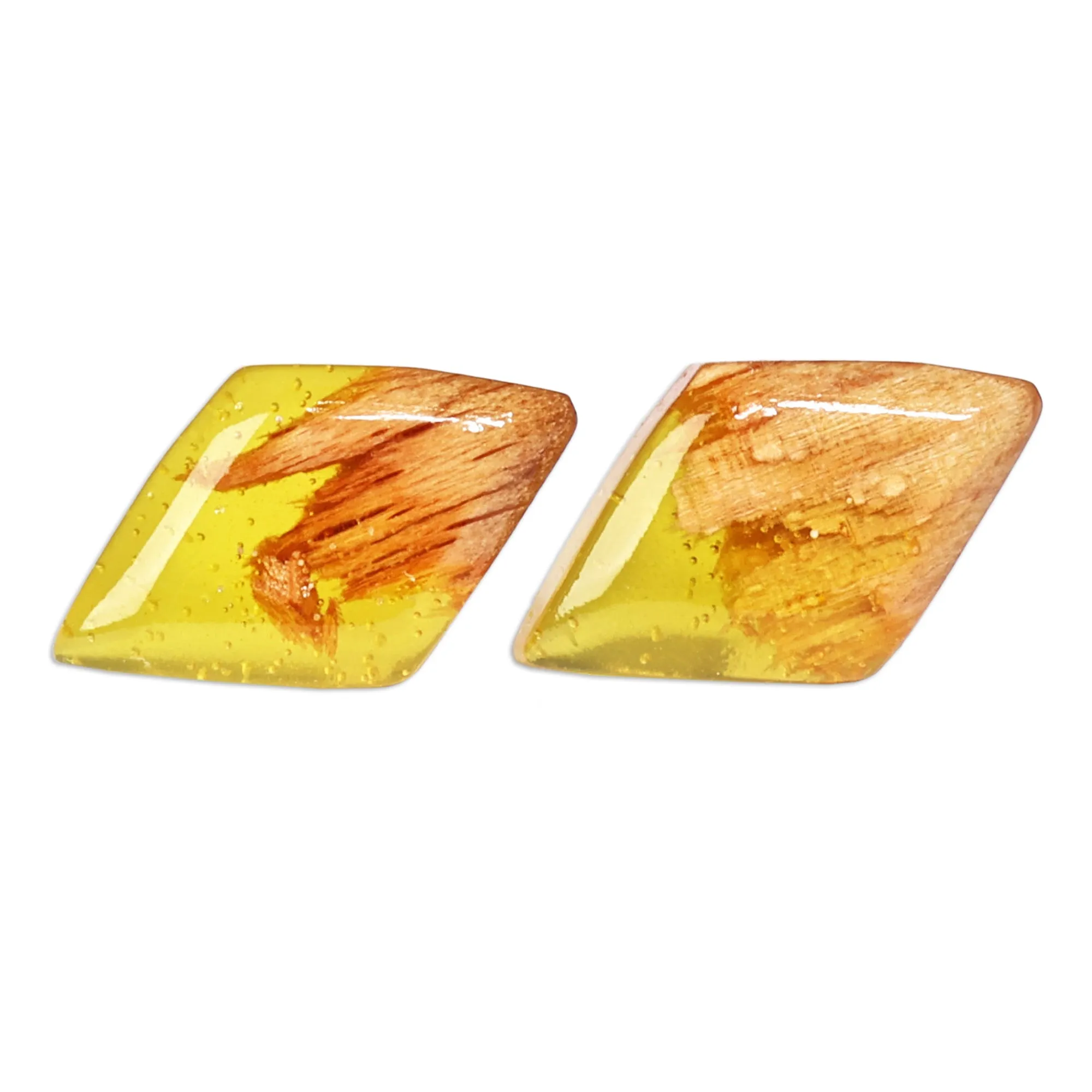 Diamond-Shaped Apricot Wood and Yellow Resin Button Earrings - Jewels From the Sun | NOVICA