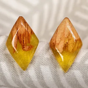 Diamond-Shaped Apricot Wood and Yellow Resin Button Earrings - Jewels From the Sun | NOVICA