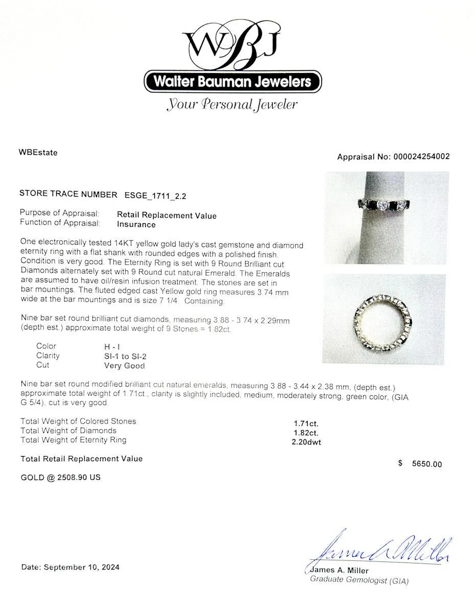 Estate 14K Y Gold 1.71ctw Emerald & 1.82ctw H-I/SI1-2 Diamond Ring