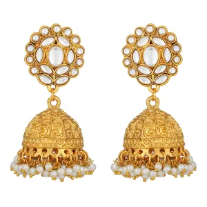 Ethnic Gold Plated Jhumki Earrings with White Kundan