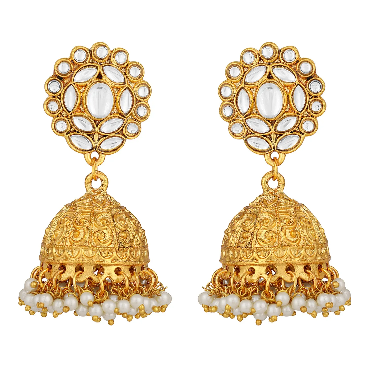 Ethnic Gold Plated Jhumki Earrings with White Kundan