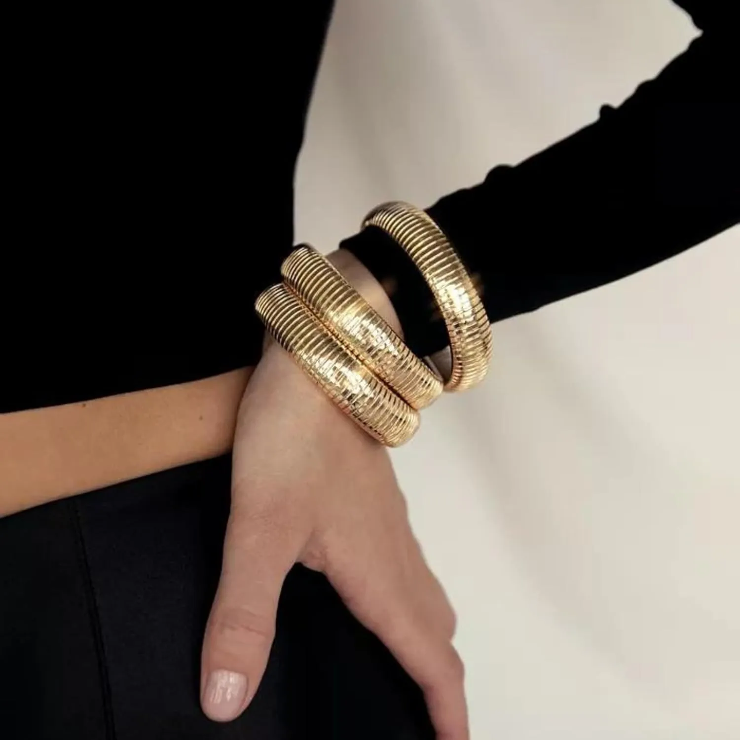 Ettika Gold Bangles For Women. Chunky Gold Bracelets, Set of Womens Bracelets. 3Pcs Flex Snake Chain Stretch Gold Tone Or Rhodium Plated Bangles