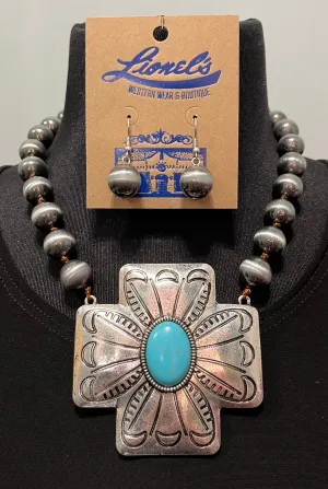 Faux Navajo Pearl Necklace w/ Cross Pendant & Earrings
