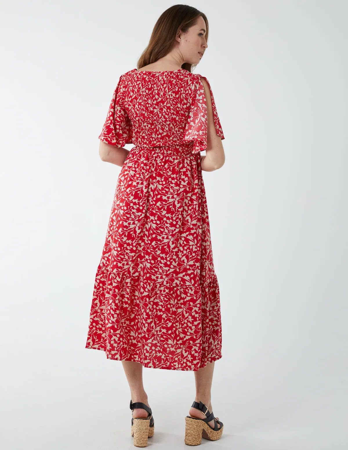 Floral Midi Dress With Angel Sleeve