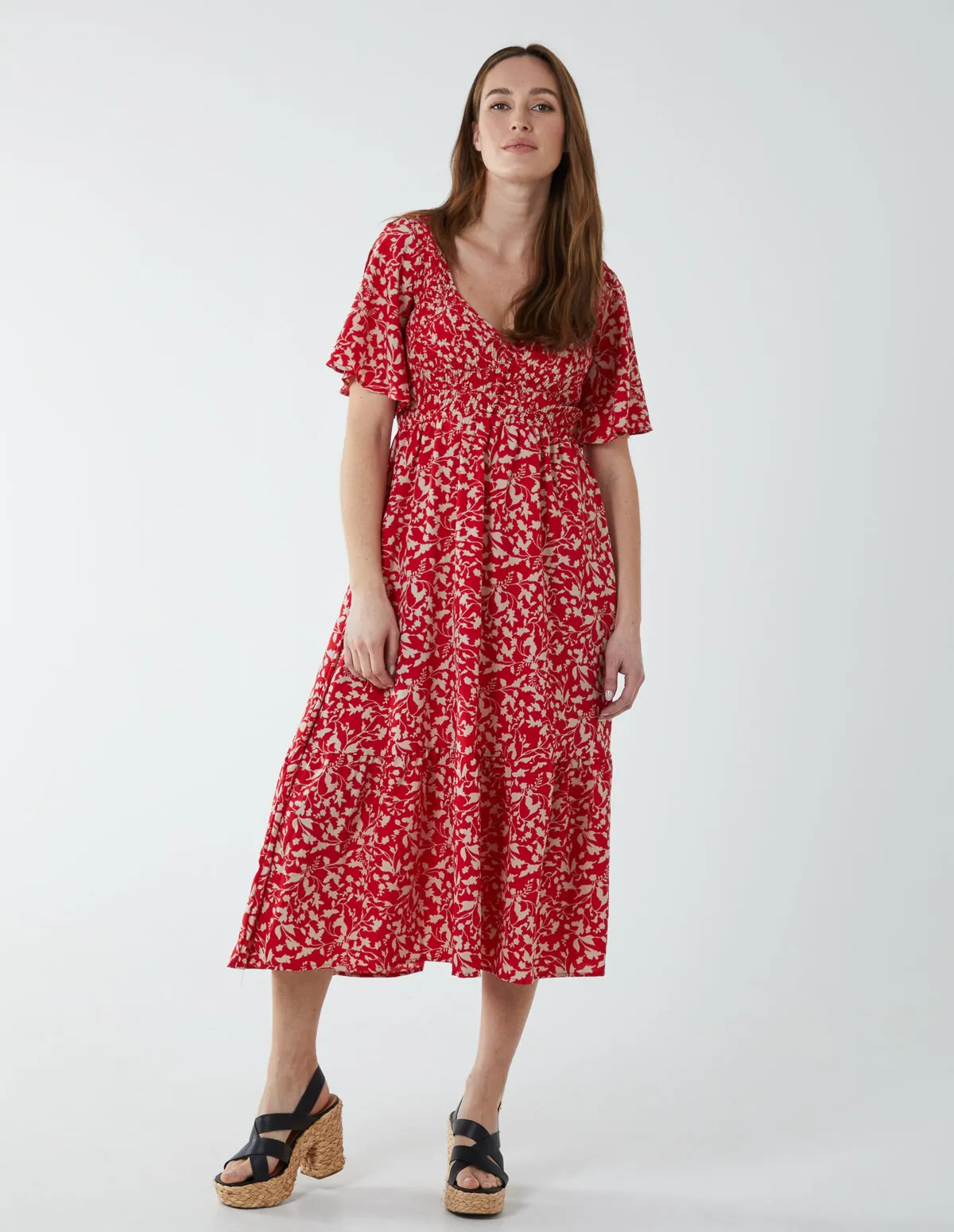 Floral Midi Dress With Angel Sleeve