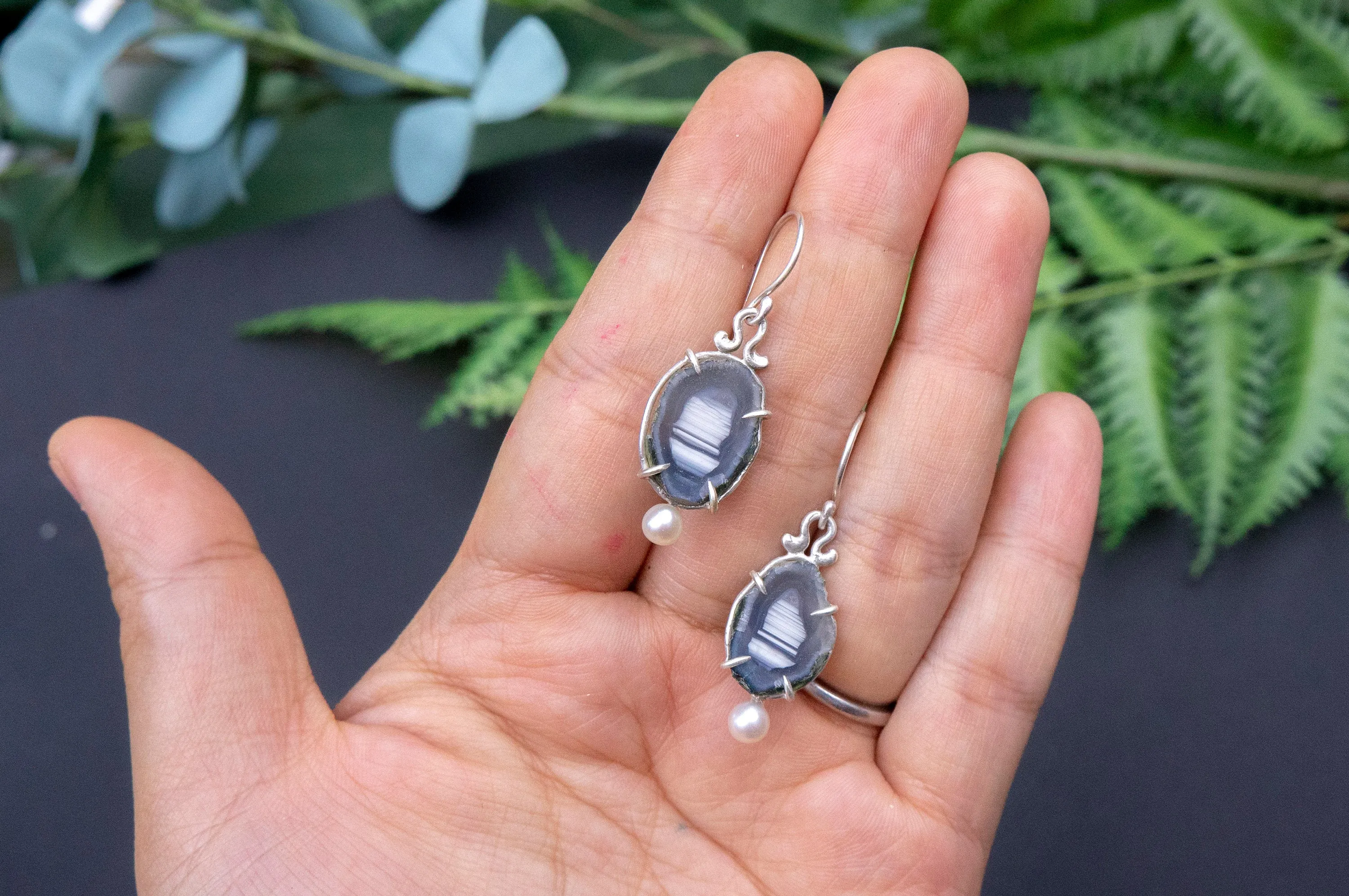 Geode and freshwater pearl earrings