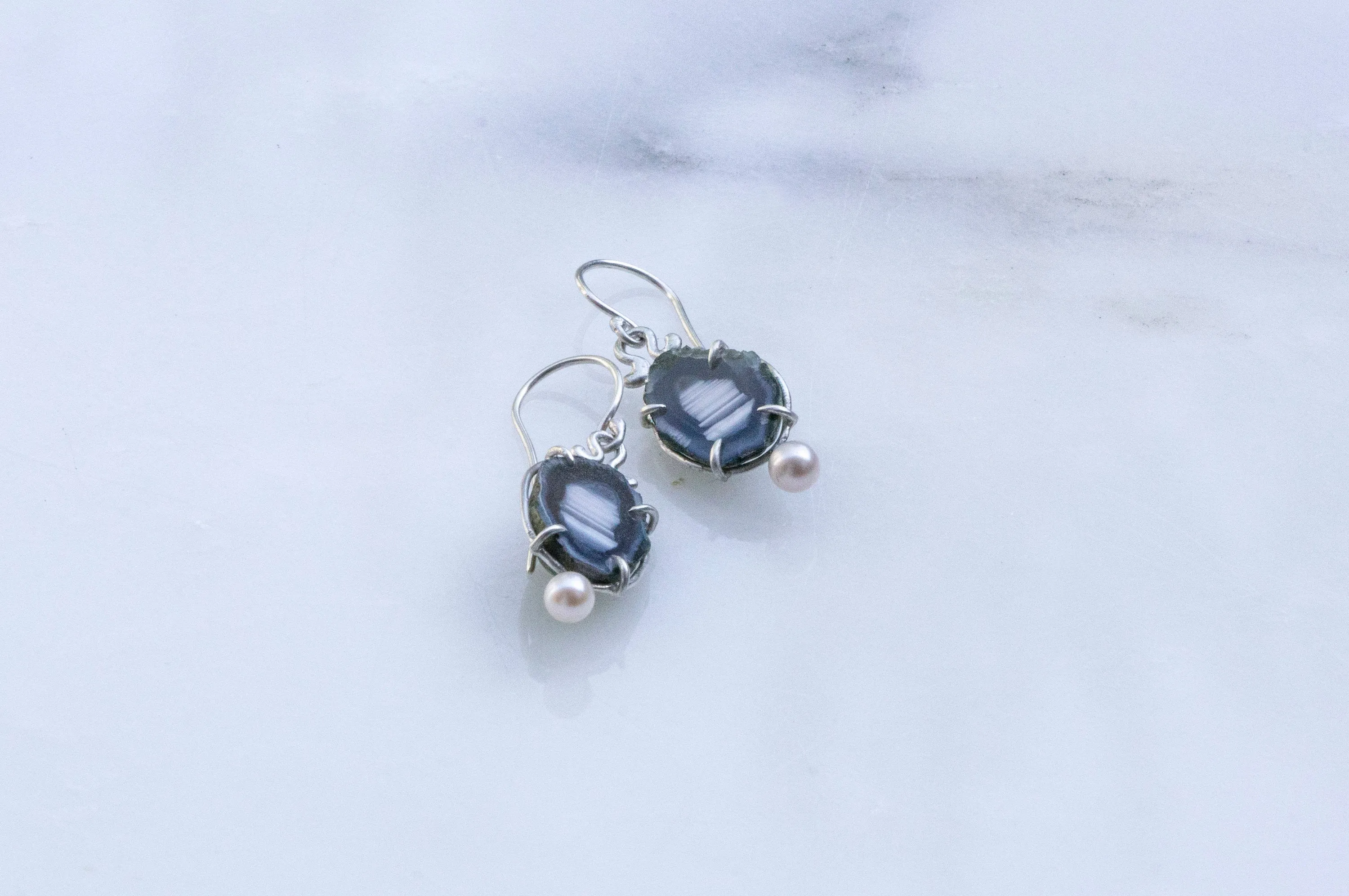 Geode and freshwater pearl earrings