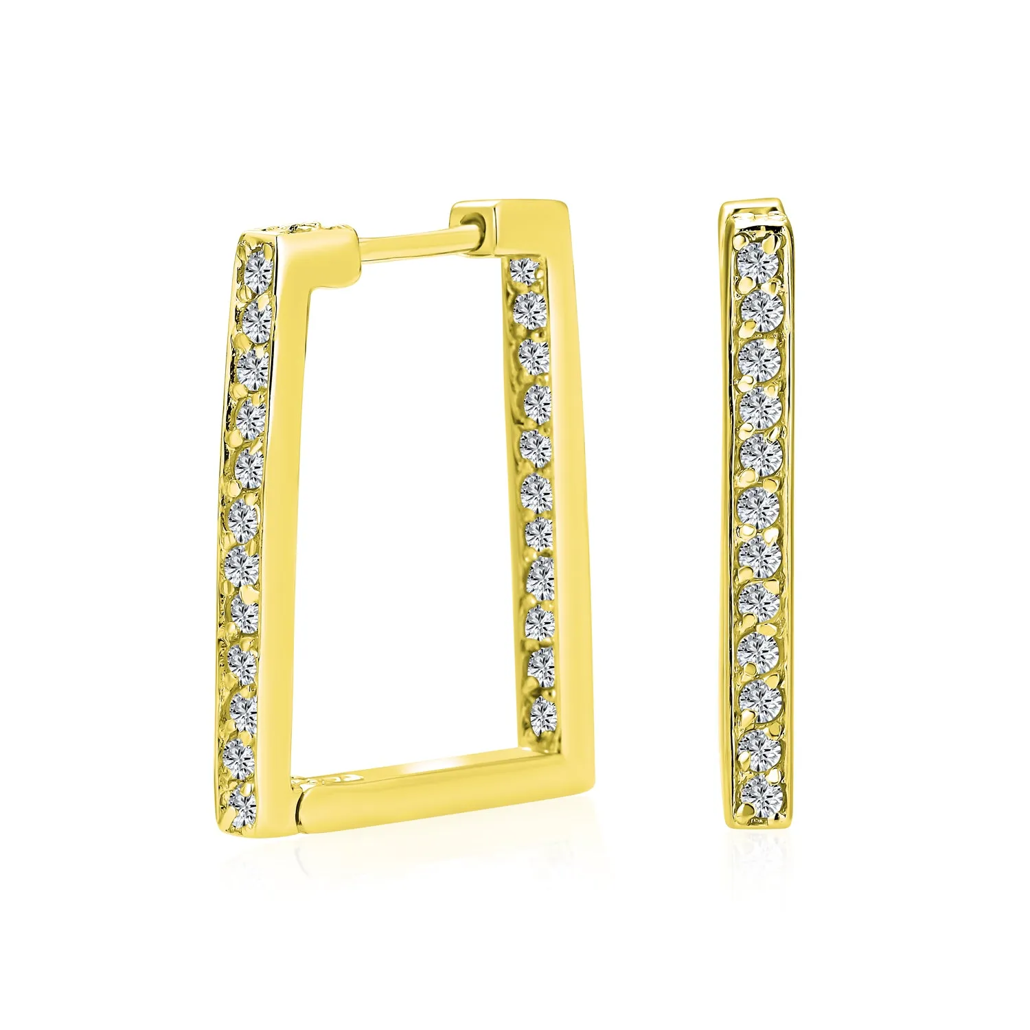 Geometric Rectangle CZ Hoop Earrings 14K Gold Plated Sterling Silver Channel Set