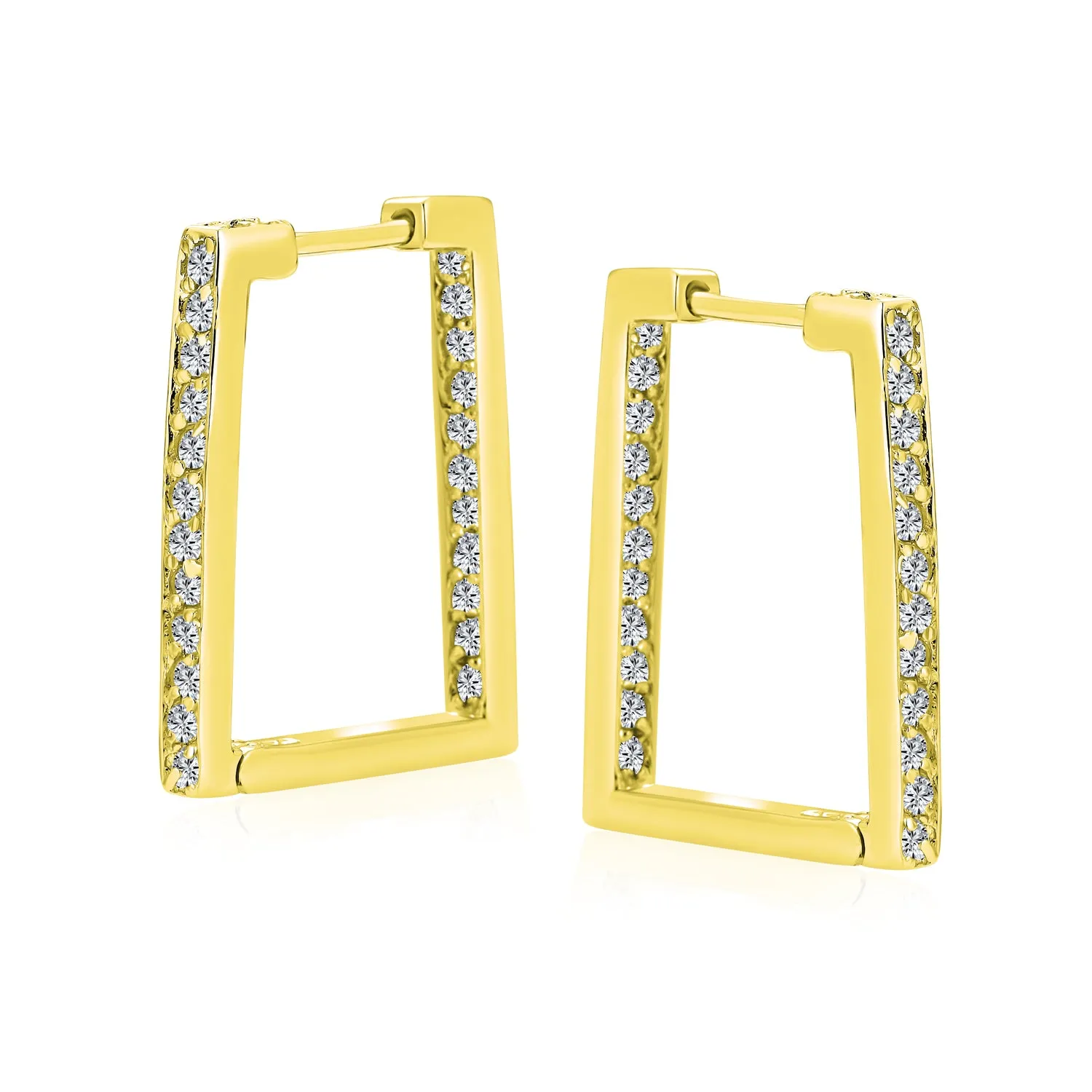 Geometric Rectangle CZ Hoop Earrings 14K Gold Plated Sterling Silver Channel Set