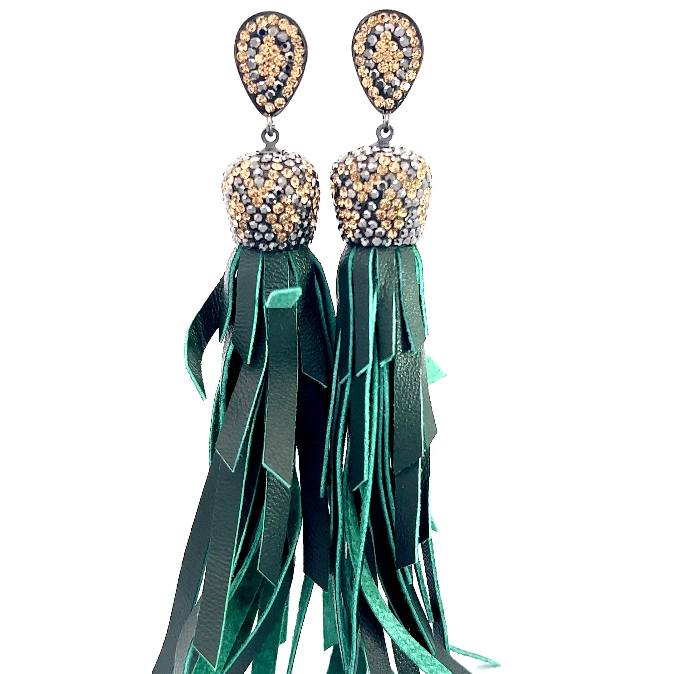 Gold & Silver Crystal Green Leather Tassel Earring