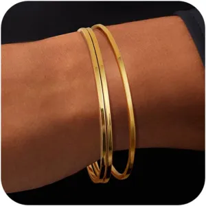 Gold Bangles for Women 18K Gold Plated Stainless Steel Glossy Stackable Thin Round Bracelets Solid Plain Polished Bangles Bracelets Set of 3 Jewelry for Women