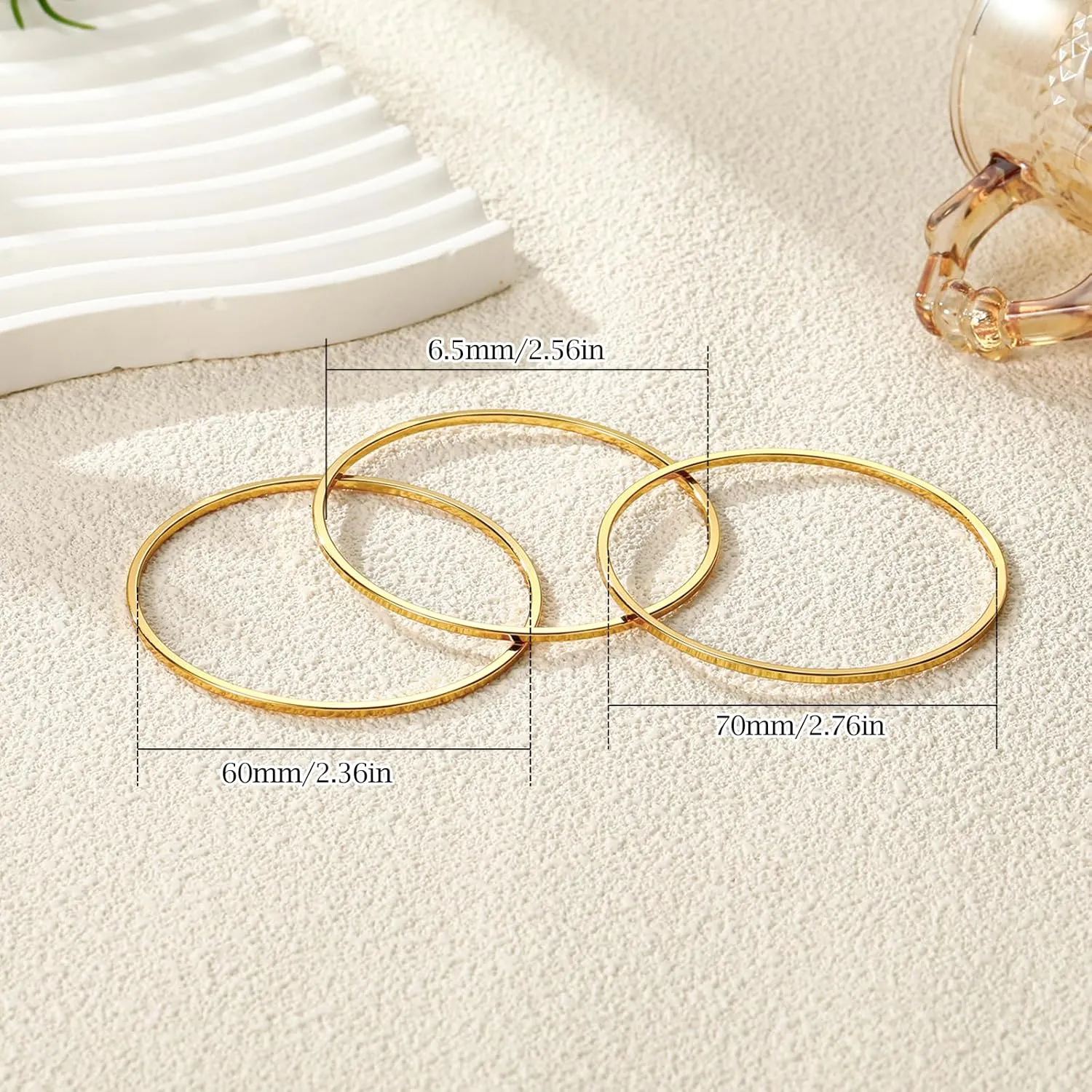 Gold Bangles for Women 18K Gold Plated Stainless Steel Glossy Stackable Thin Round Bracelets Solid Plain Polished Bangles Bracelets Set of 3 Jewelry for Women