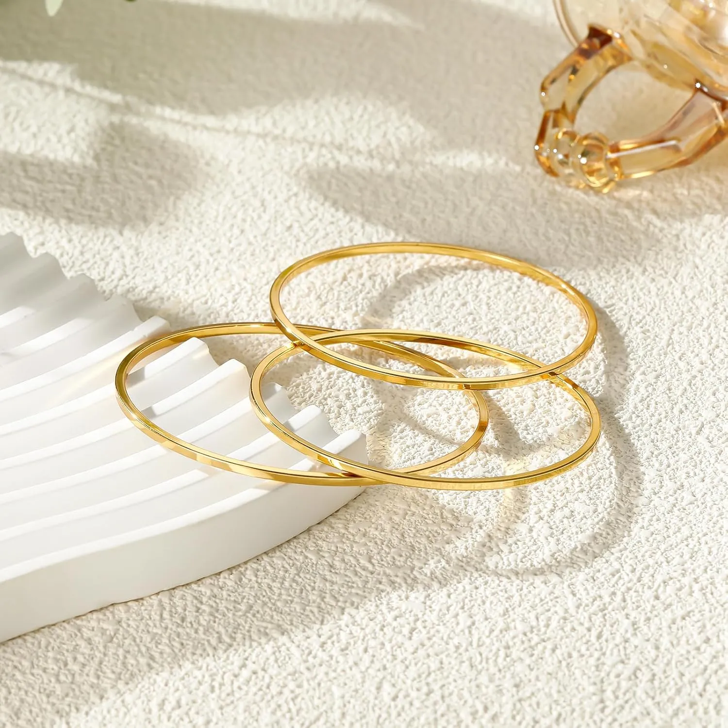 Gold Bangles for Women 18K Gold Plated Stainless Steel Glossy Stackable Thin Round Bracelets Solid Plain Polished Bangles Bracelets Set of 3 Jewelry for Women