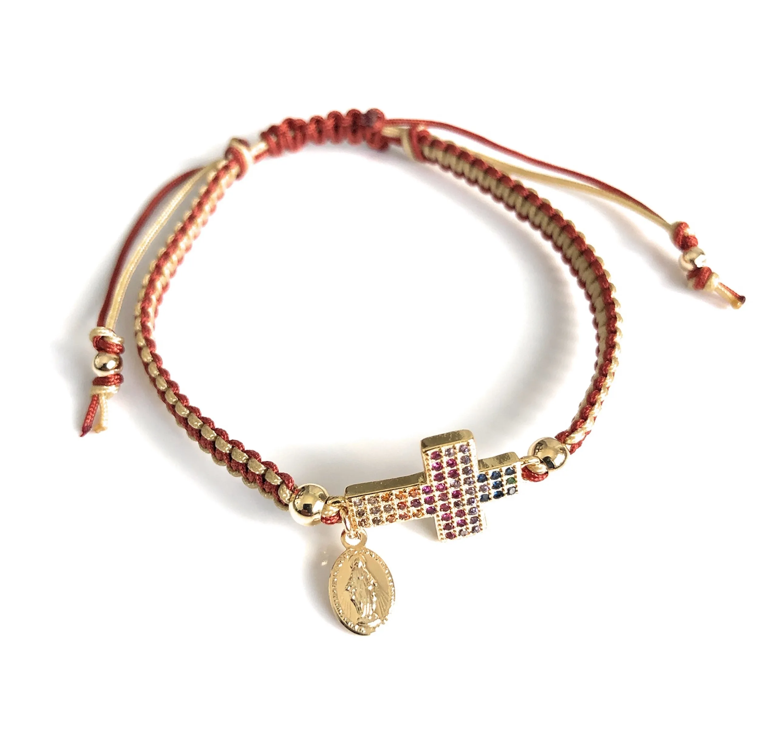 Gold Cross Rainbow Cubic Zirconia Adjustable Macrame Bracelet