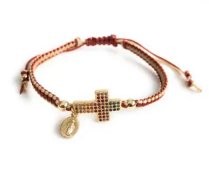 Gold Cross Rainbow Cubic Zirconia Adjustable Macrame Bracelet