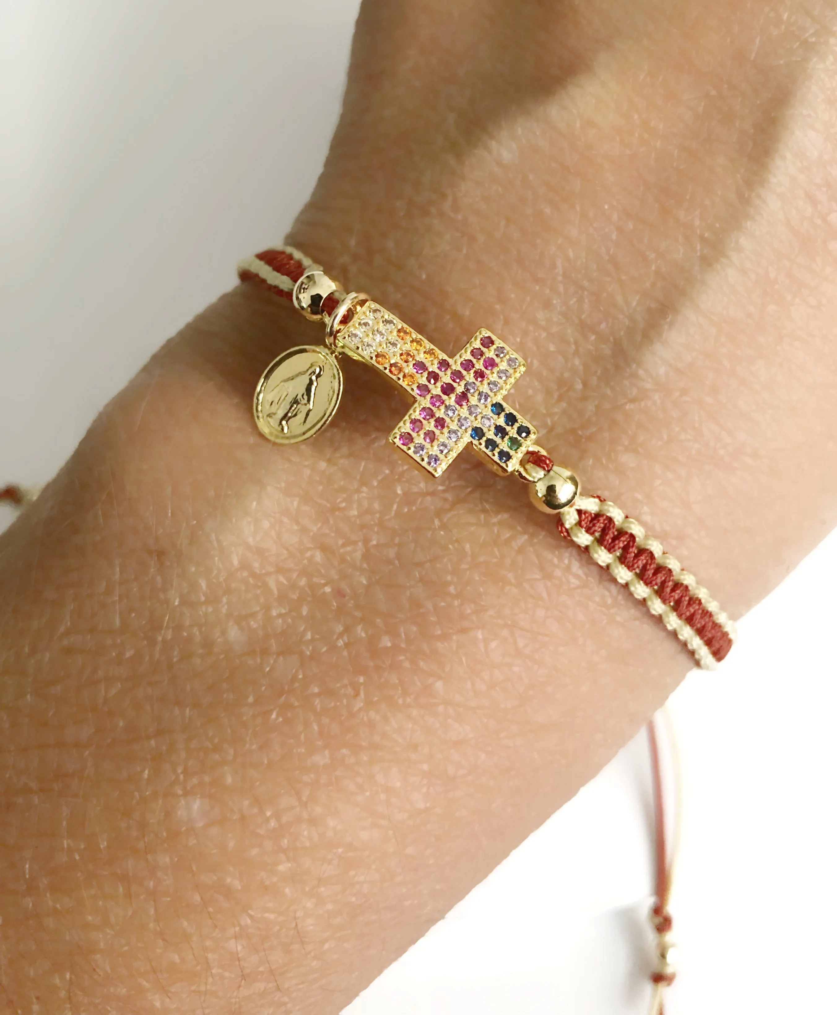 Gold Cross Rainbow Cubic Zirconia Adjustable Macrame Bracelet