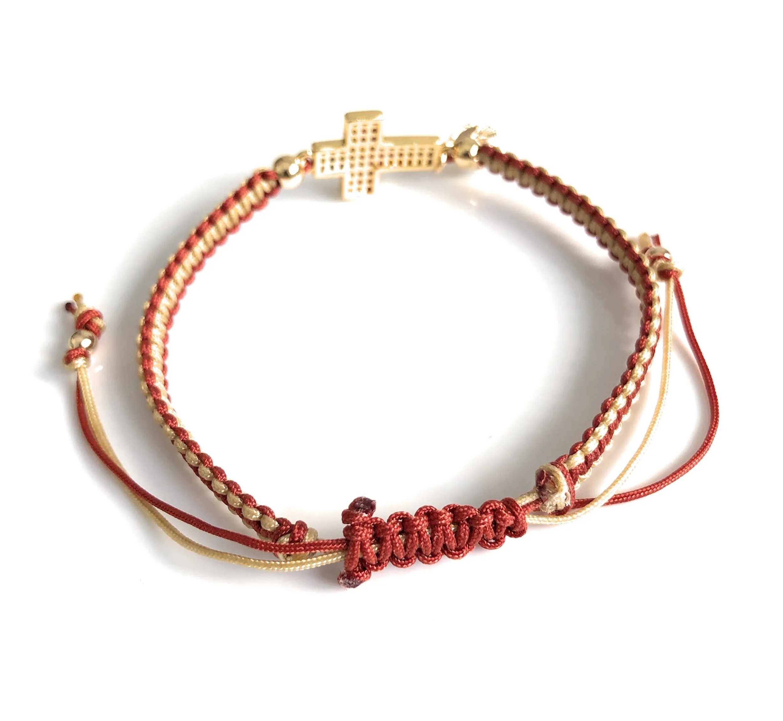 Gold Cross Rainbow Cubic Zirconia Adjustable Macrame Bracelet