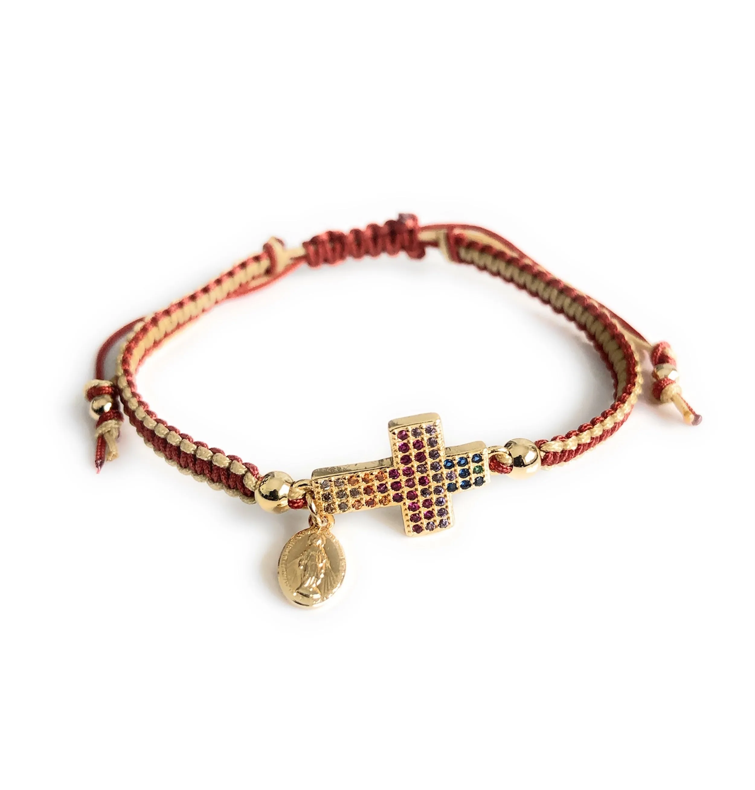 Gold Cross Rainbow Cubic Zirconia Adjustable Macrame Bracelet