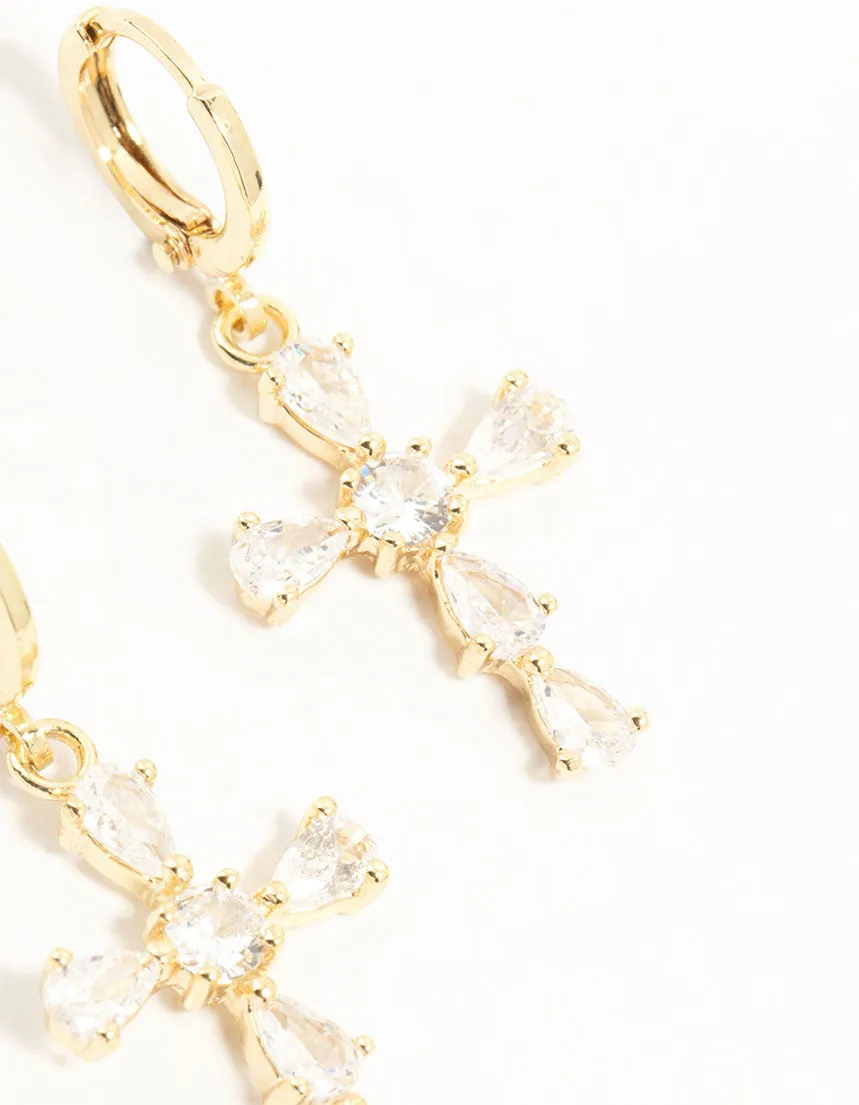 Gold Cubic Zirconia Cross Huggie Earrings