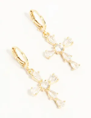 Gold Cubic Zirconia Cross Huggie Earrings