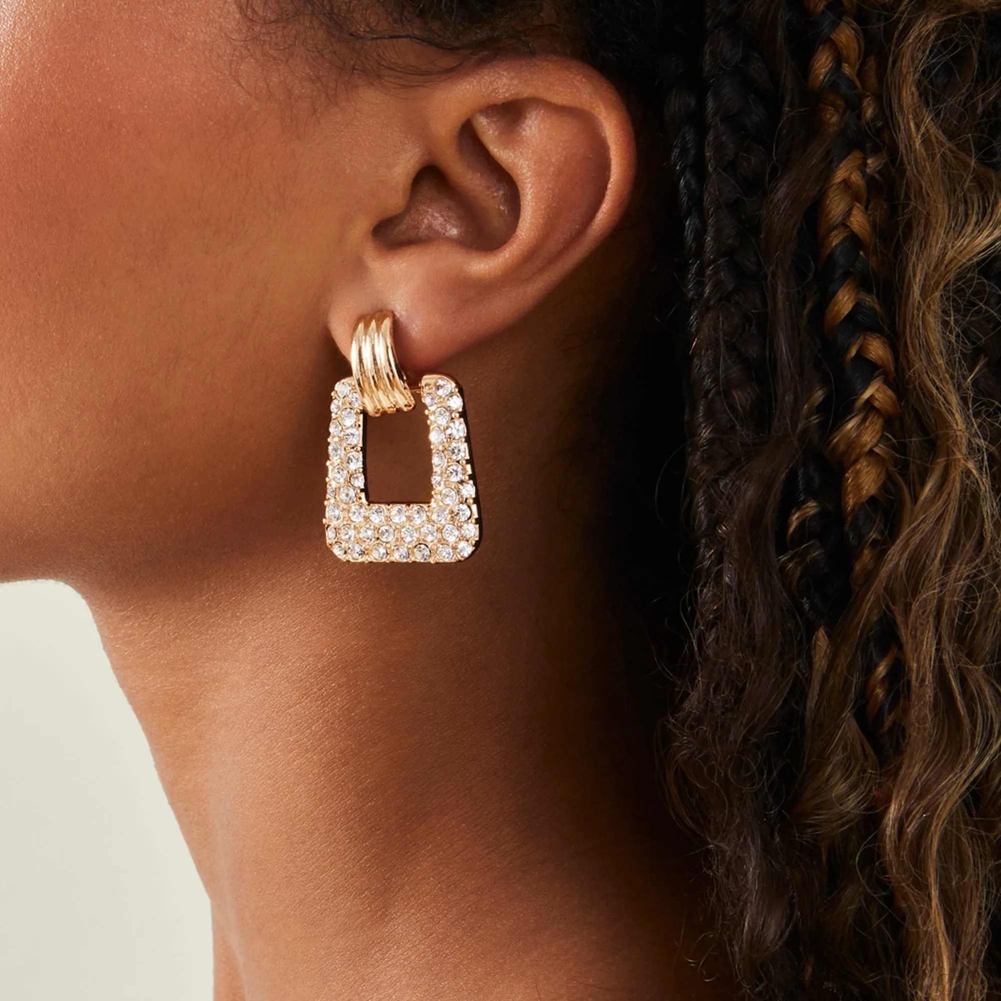 Gold Diamante Square Doorknocker Earrings