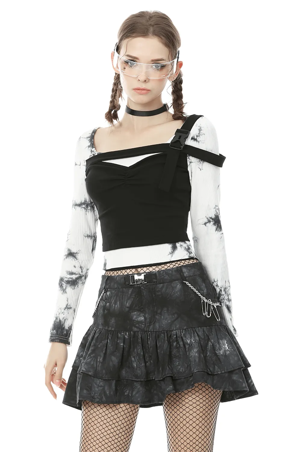 Goth Women's Mini Skirt with Ruffles and Chains