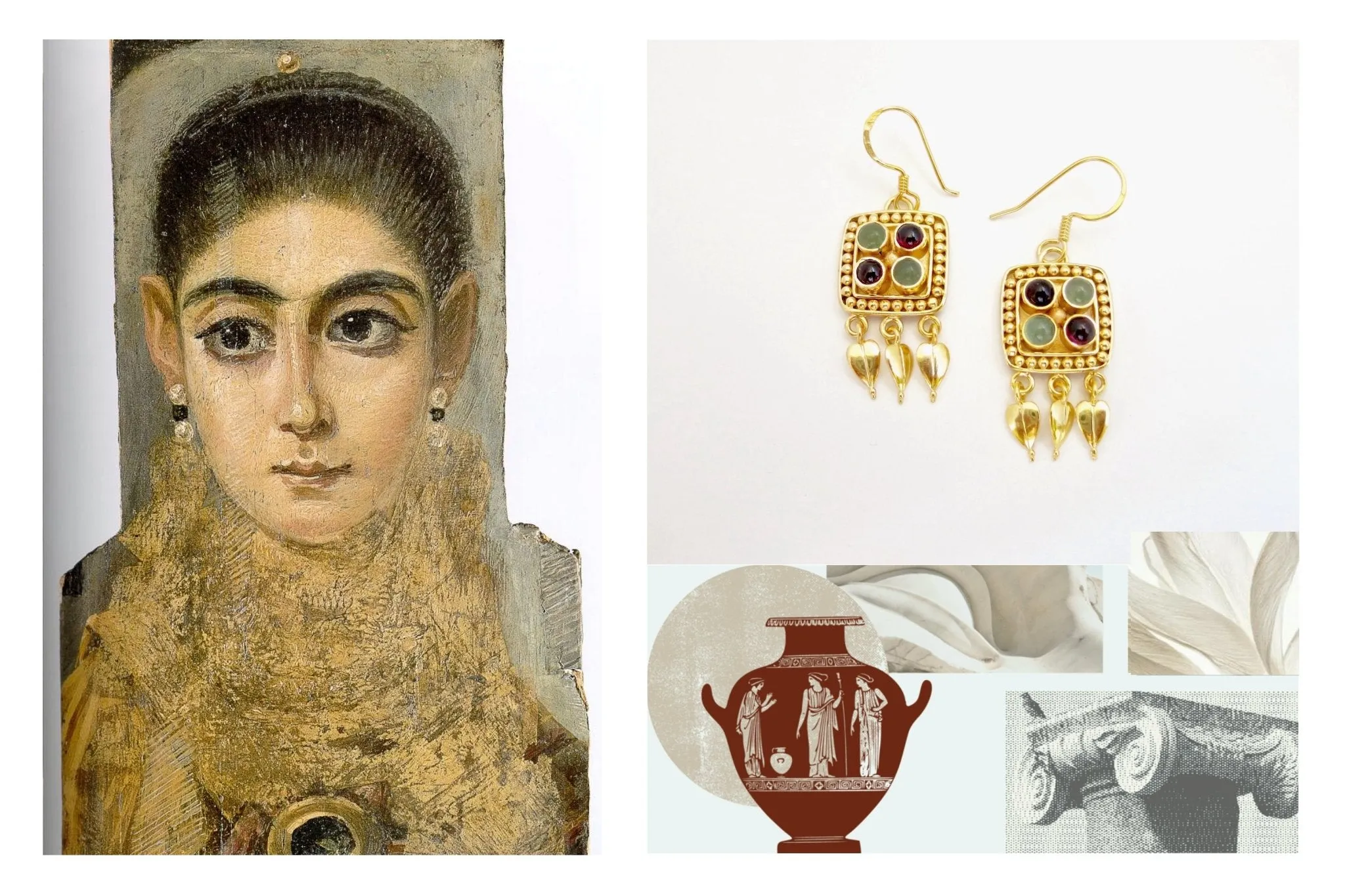 Graceful and chic, Hellenic, square dangle earrings with chrysoprase and garnet