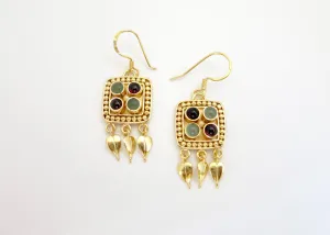 Graceful and chic, Hellenic, square dangle earrings with chrysoprase and garnet