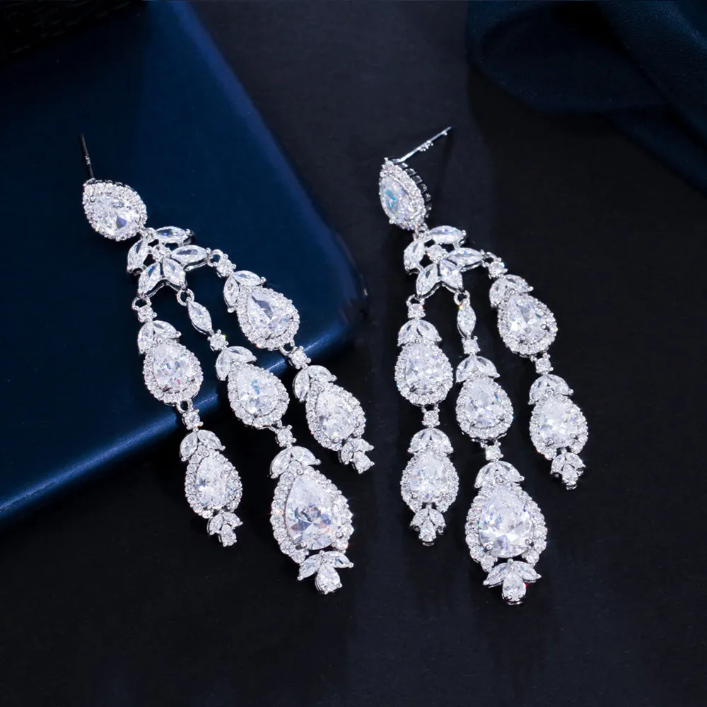 Graceful Chandelier Design Pendant Shiny CZ Crystal  Long Tassel Drop Earrings