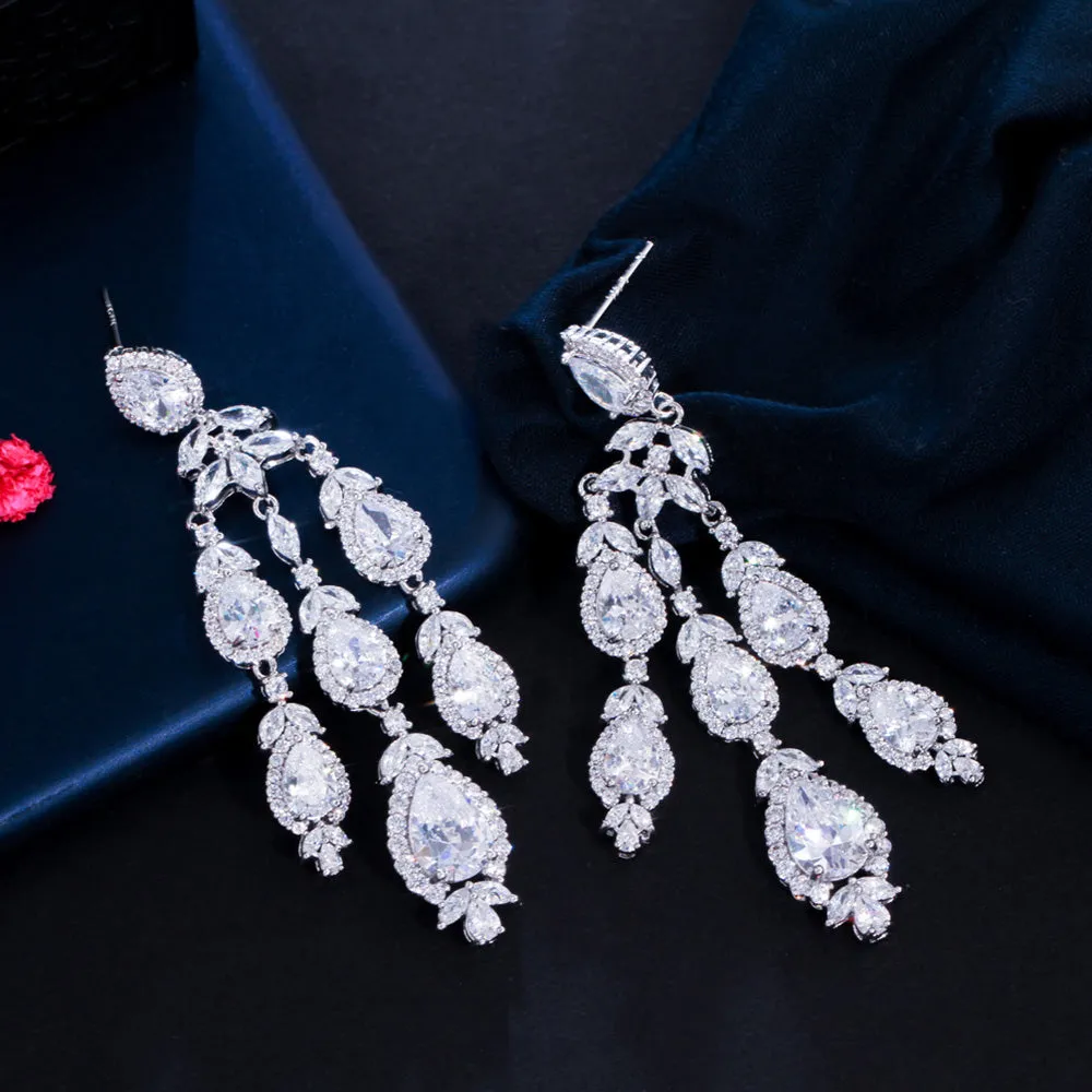 Graceful Chandelier Design Pendant Shiny CZ Crystal  Long Tassel Drop Earrings