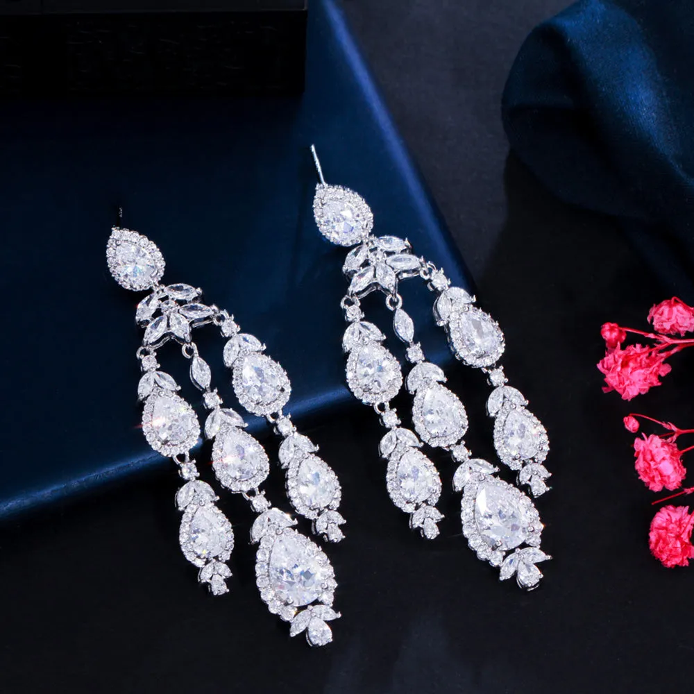 Graceful Chandelier Design Pendant Shiny CZ Crystal  Long Tassel Drop Earrings