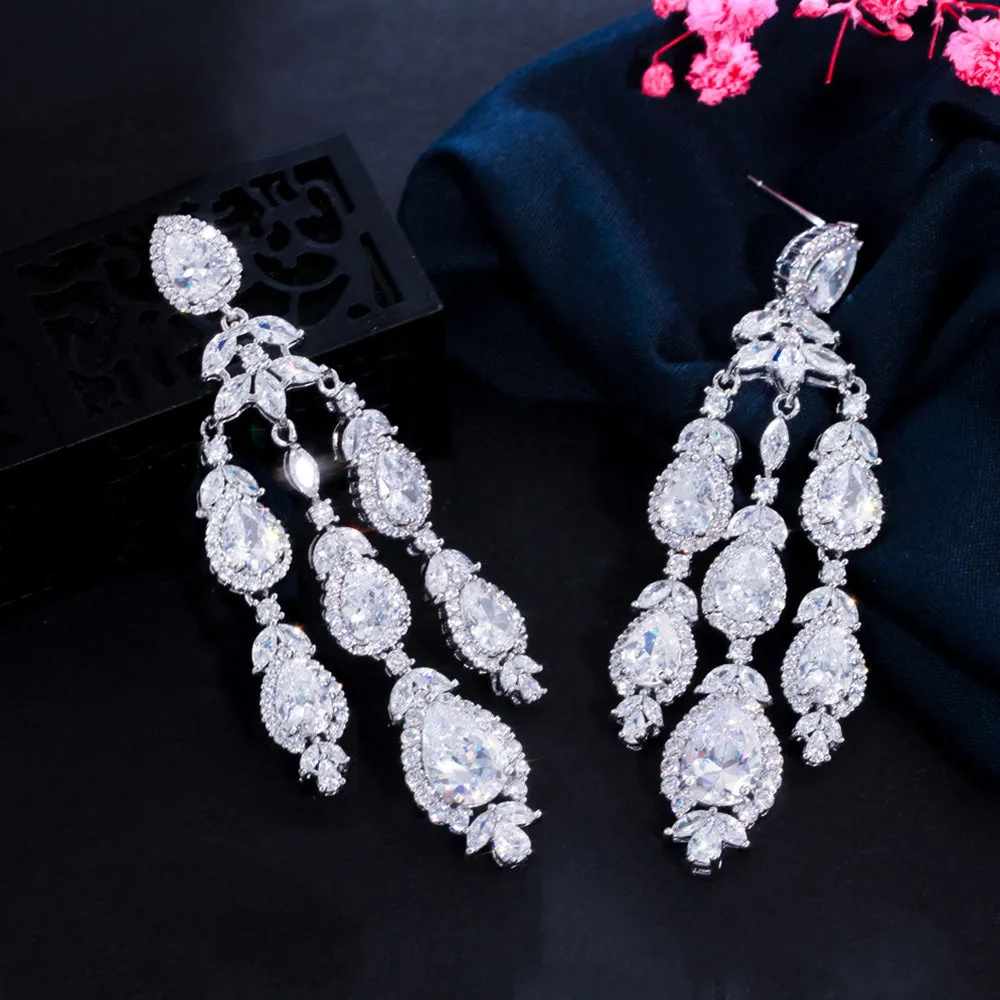 Graceful Chandelier Design Pendant Shiny CZ Crystal  Long Tassel Drop Earrings