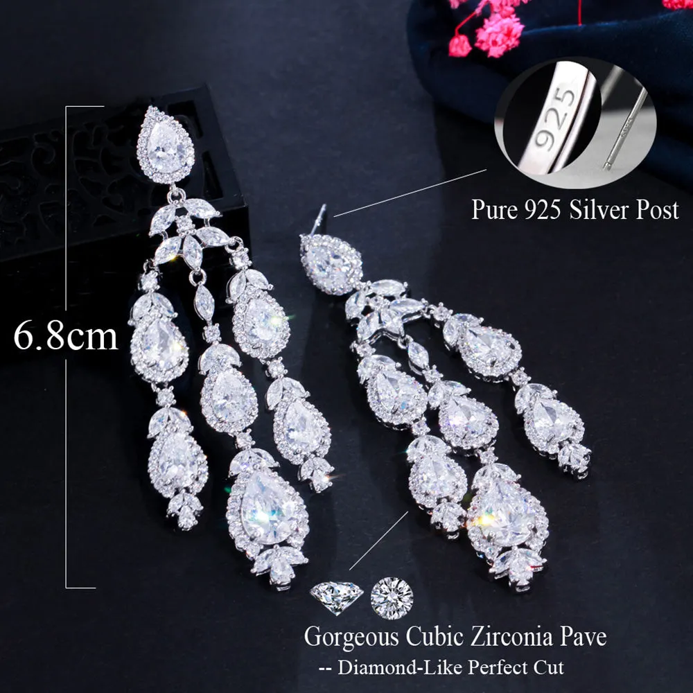 Graceful Chandelier Design Pendant Shiny CZ Crystal  Long Tassel Drop Earrings