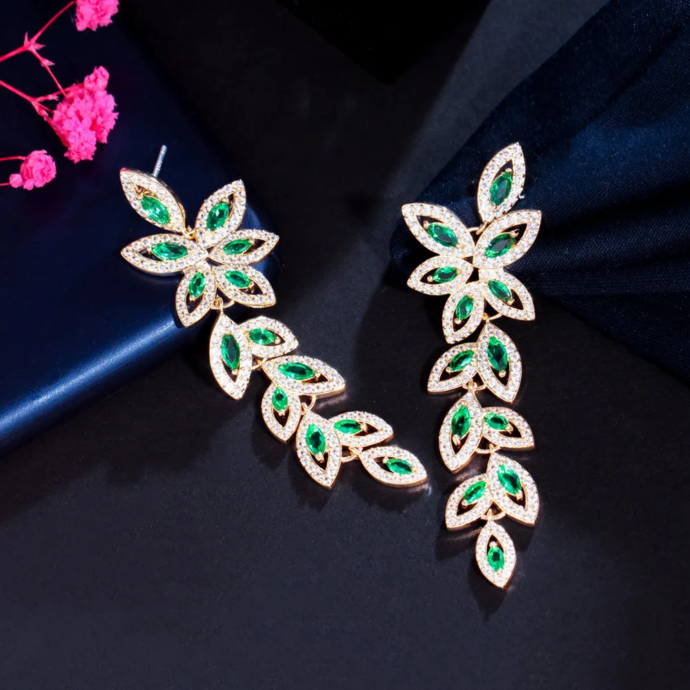 Graceful Green Leaf Shape Cubic Zirconia Long Gold Plated Dangle Drop Earrings