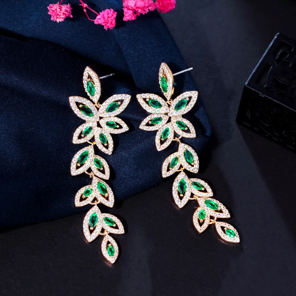 Graceful Green Leaf Shape Cubic Zirconia Long Gold Plated Dangle Drop Earrings