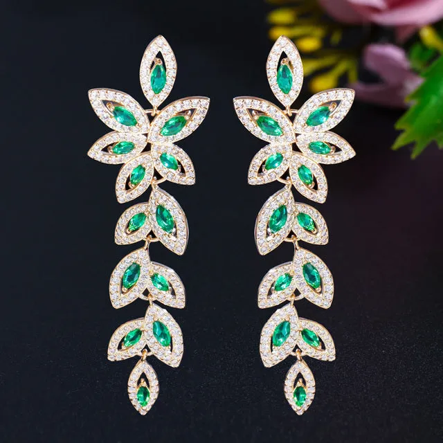 Graceful Green Leaf Shape Cubic Zirconia Long Gold Plated Dangle Drop Earrings