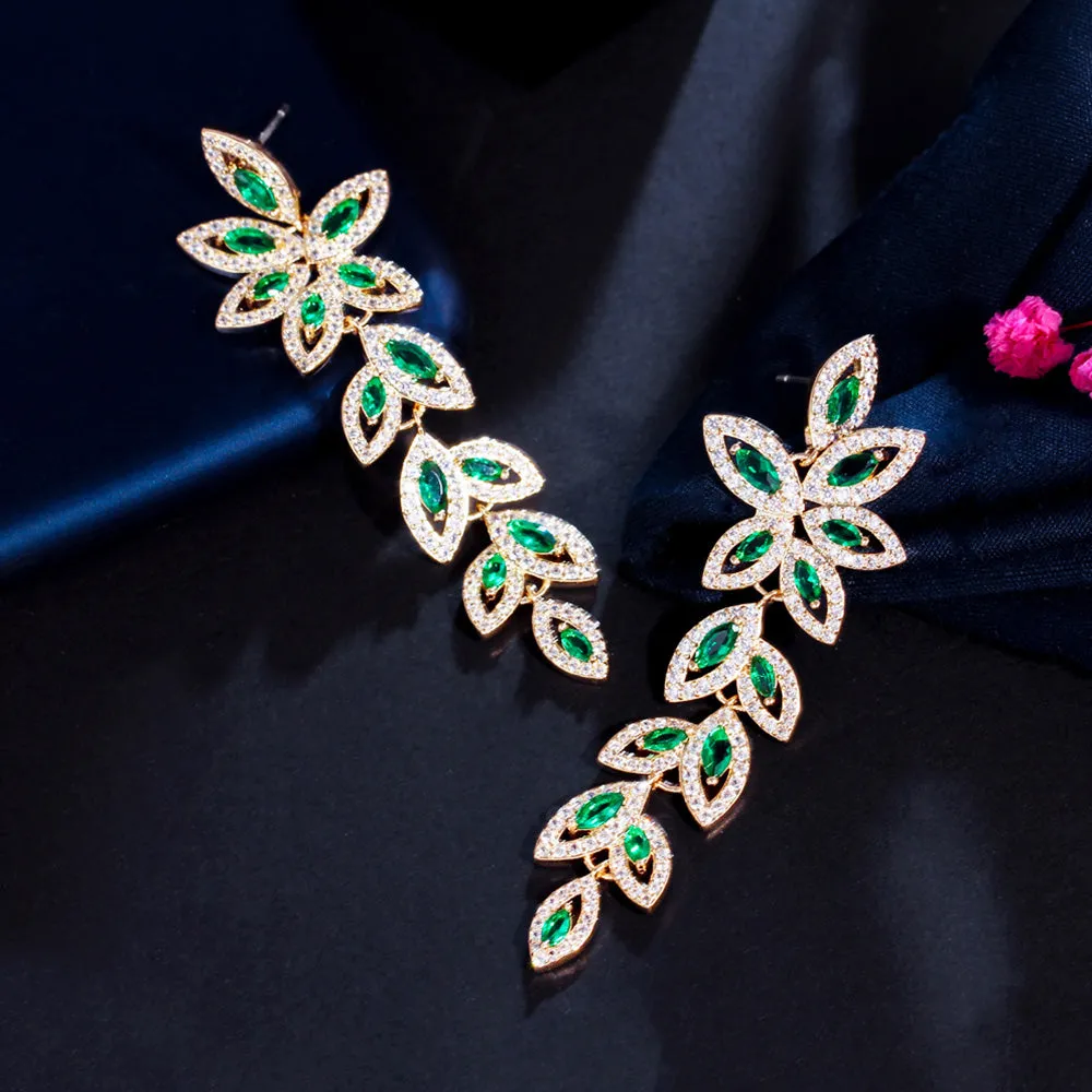 Graceful Green Leaf Shape Cubic Zirconia Long Gold Plated Dangle Drop Earrings