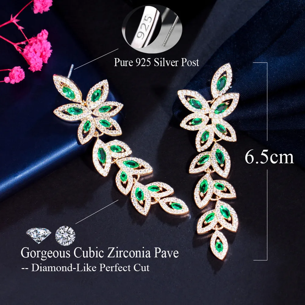 Graceful Green Leaf Shape Cubic Zirconia Long Gold Plated Dangle Drop Earrings