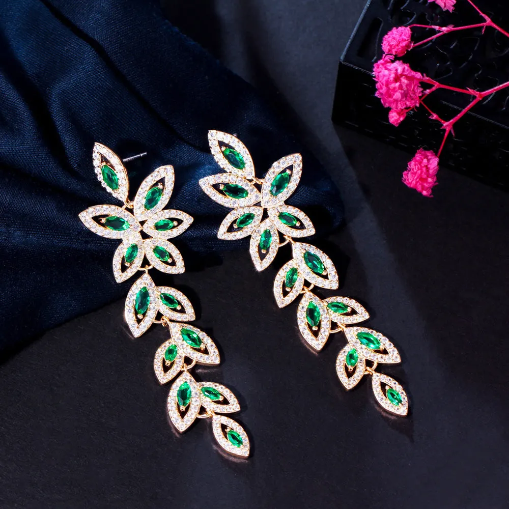 Graceful Green Leaf Shape Cubic Zirconia Long Gold Plated Dangle Drop Earrings