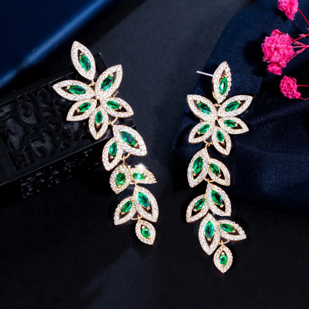 Graceful Green Leaf Shape Cubic Zirconia Long Gold Plated Dangle Drop Earrings