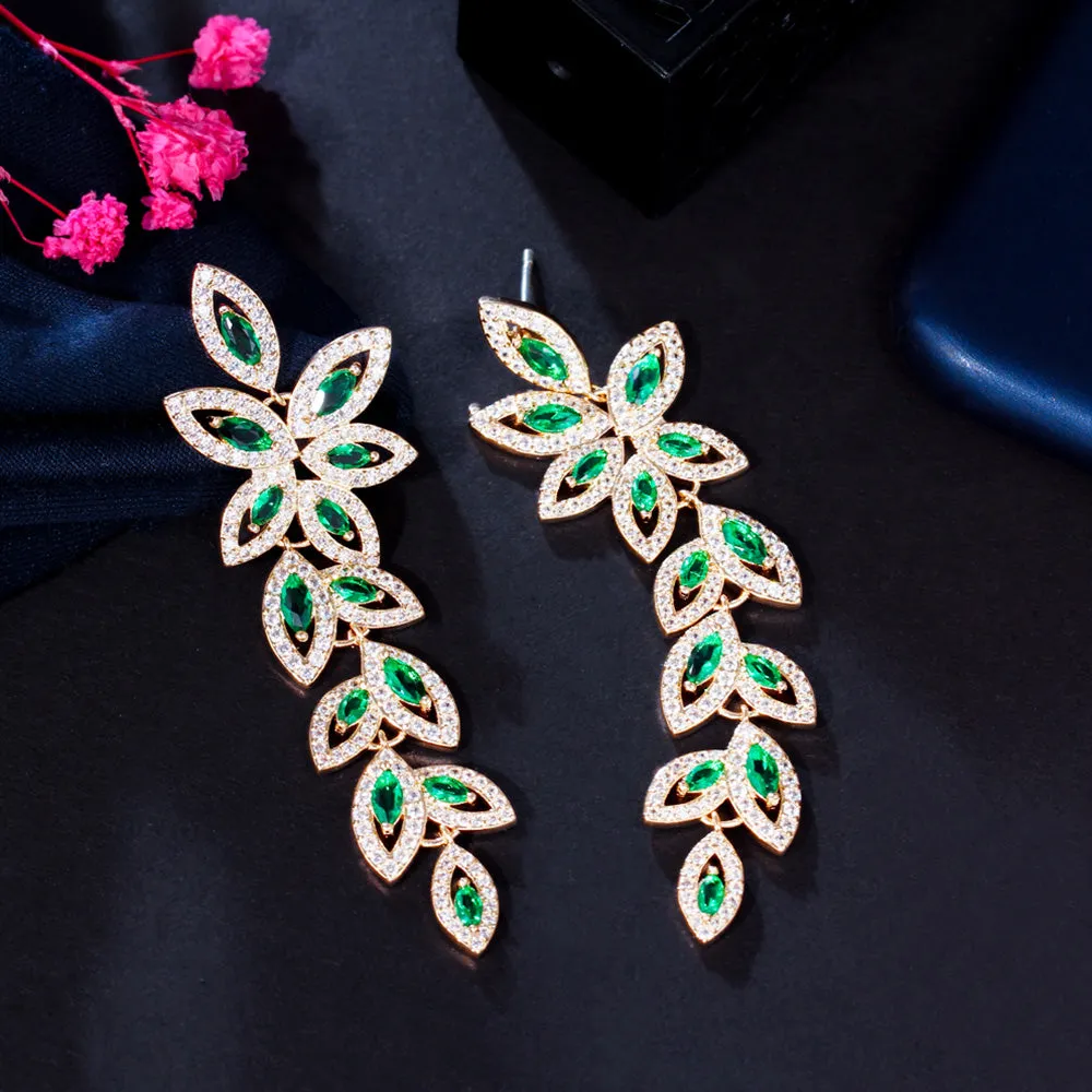 Graceful Green Leaf Shape Cubic Zirconia Long Gold Plated Dangle Drop Earrings