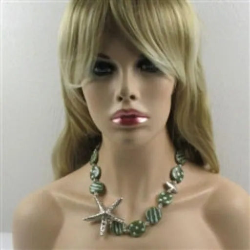 Green Kazuri and Silver Starfish Necklace Fair Trade