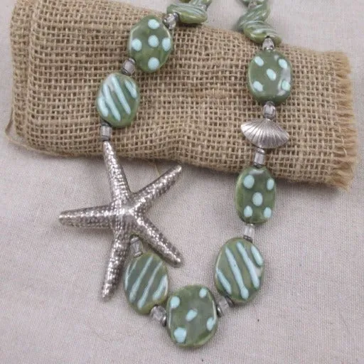 Green Kazuri and Silver Starfish Necklace Fair Trade